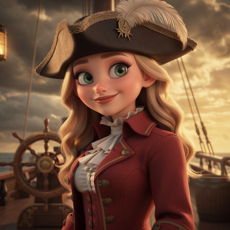 A woman's photo turned into a 3D animated pirate captain at the helm of a ship with the Pixarify preset on Flux 2 Max