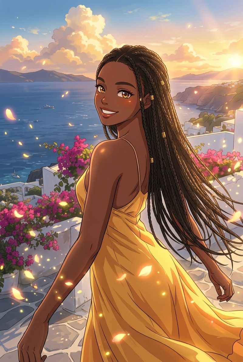 A woman as an anime character on a seaside terrace, made with the Animefy preset