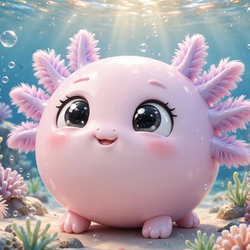 Round, cute 3D pink axolotl underwater, made with the Spherical Cutie Critters preset