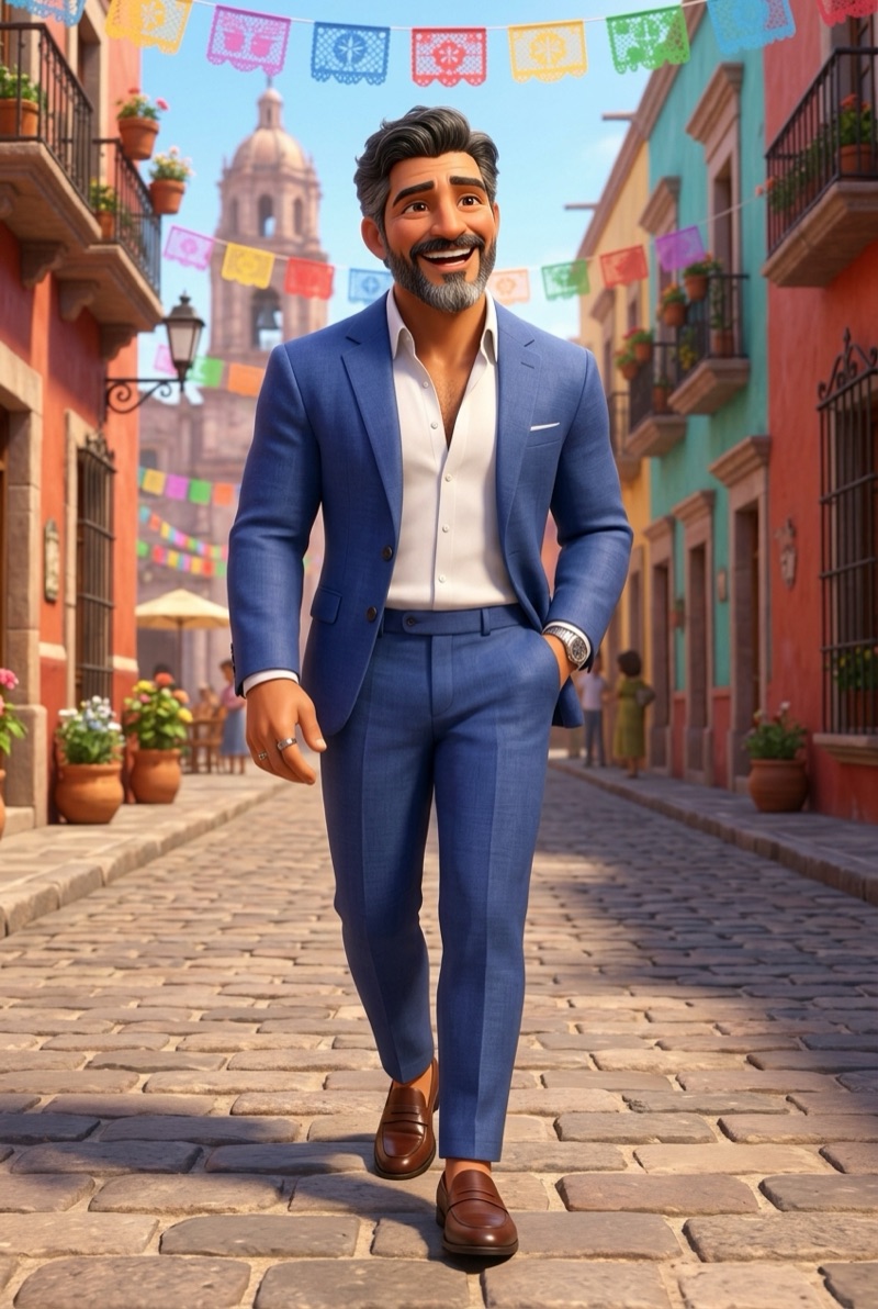 A man turned into a 3D animated movie character on a colorful street, made with the Pixarify preset
