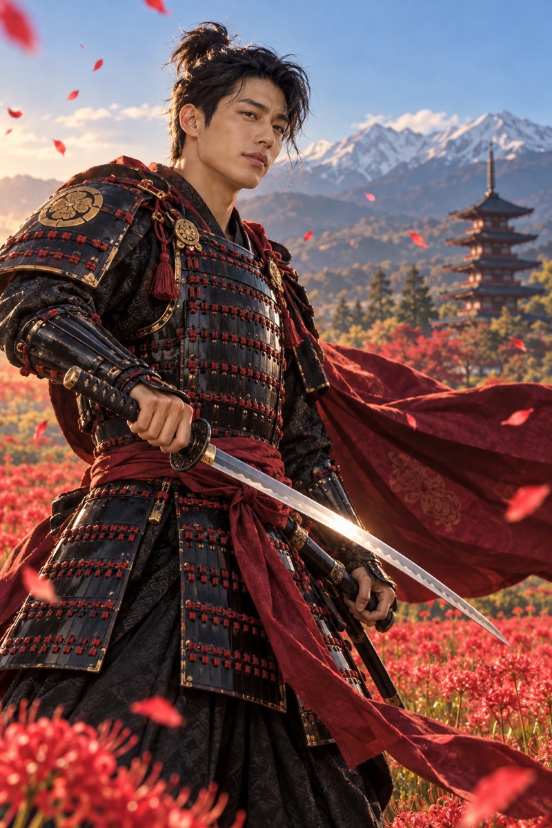AI portrait of a man as a samurai in red armor in a field of red flowers
