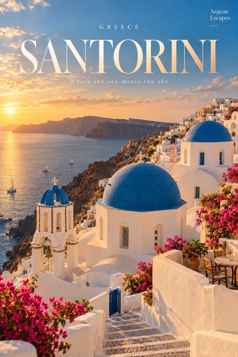 Santorini travel poster at sunset, made with the Cinematic Luxury Tourism Poster preset