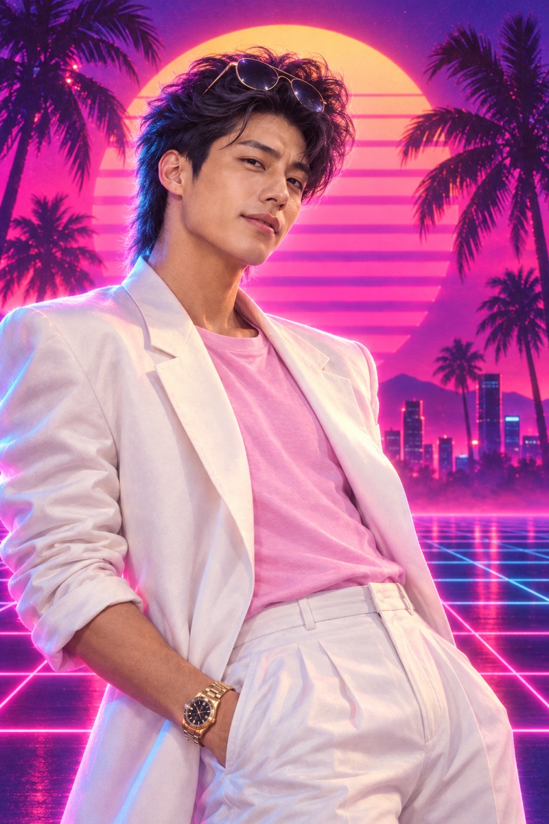 80s synthwave portrait of a man in a white suit before a neon sunset, made with the 80sify preset
