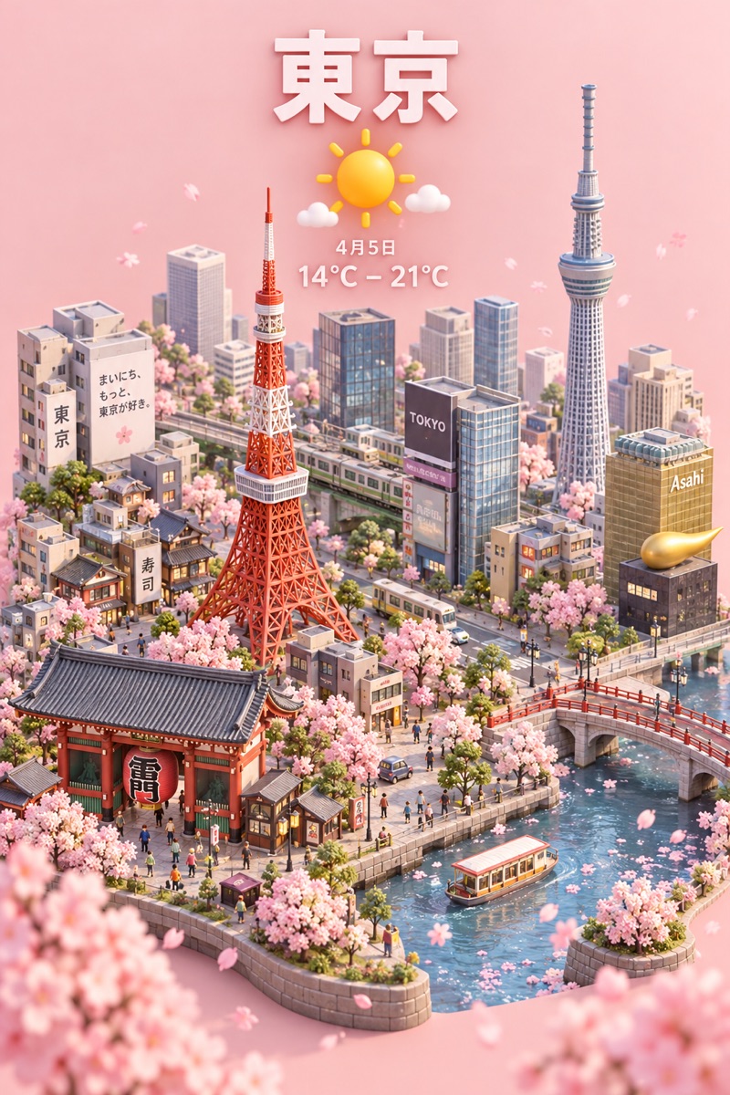 Isometric Tokyo weather card with Tokyo Tower and cherry blossoms, made with the Isometric Miniature City Weather Card preset